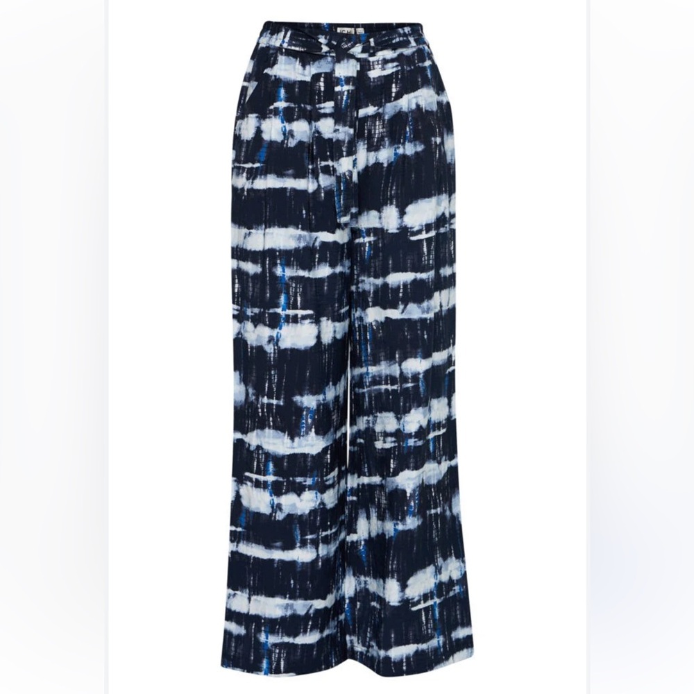 11. ICHI “Kate” Linen blend Stylish Navy and White Tie-Dye Women's Pants NWT - Picture 3 of 10